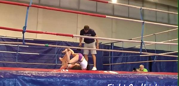  Lesbian eurobabes wrestling in a boxing ring